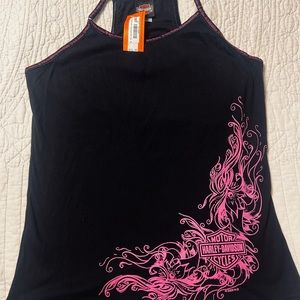 Harley Davidson racerback bra tank top. Black w/hot pink design, Hico WV logo